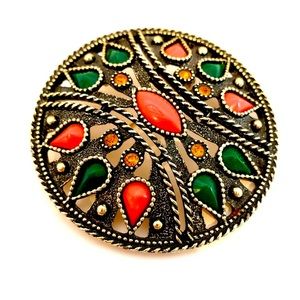 EMMONS Brooch & Pendant Green & Corral Cabochons gold Amber Rhinestones. Vintage